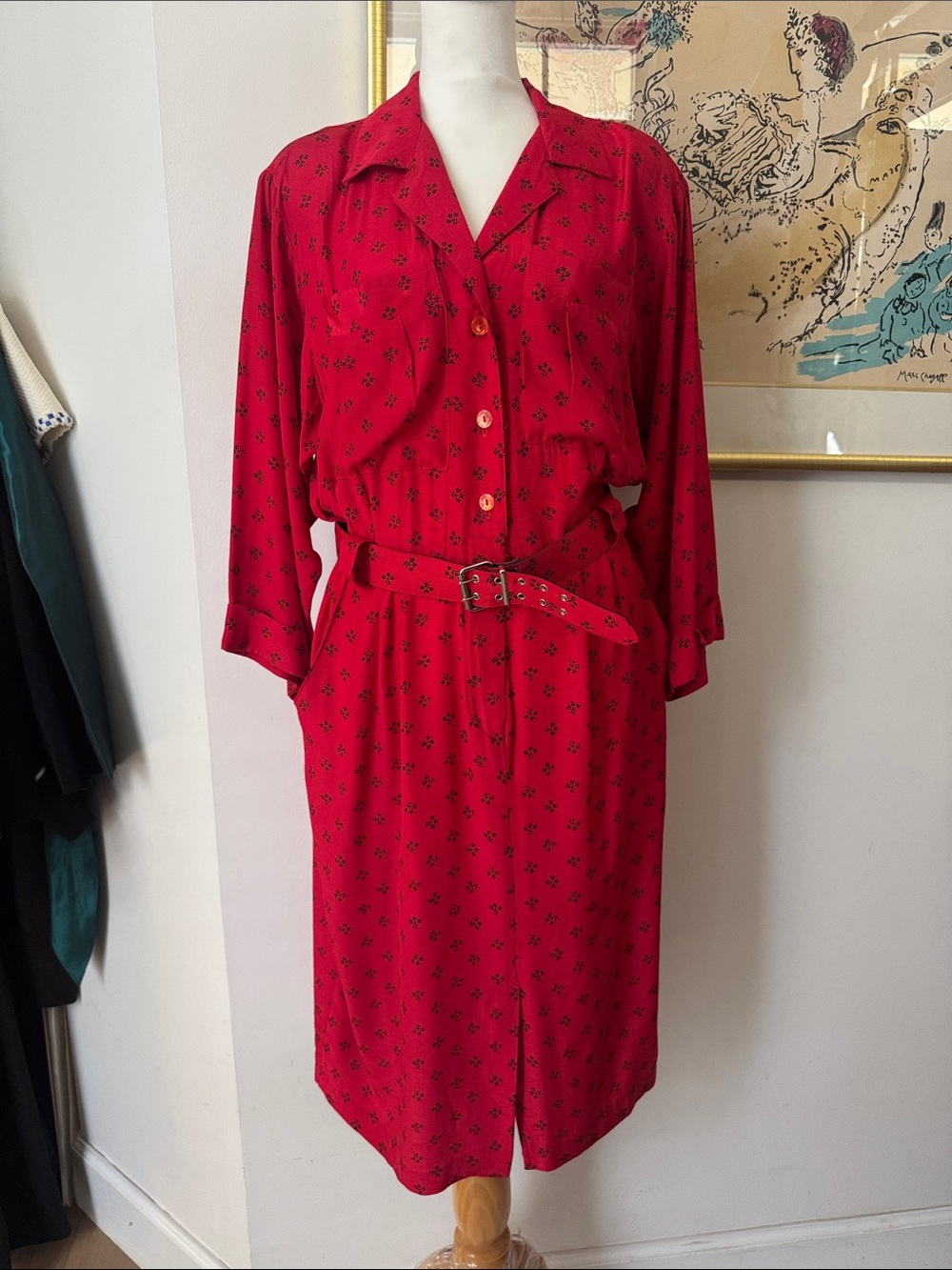 1990 Stuart Alan red midi belted shirt dress black small print